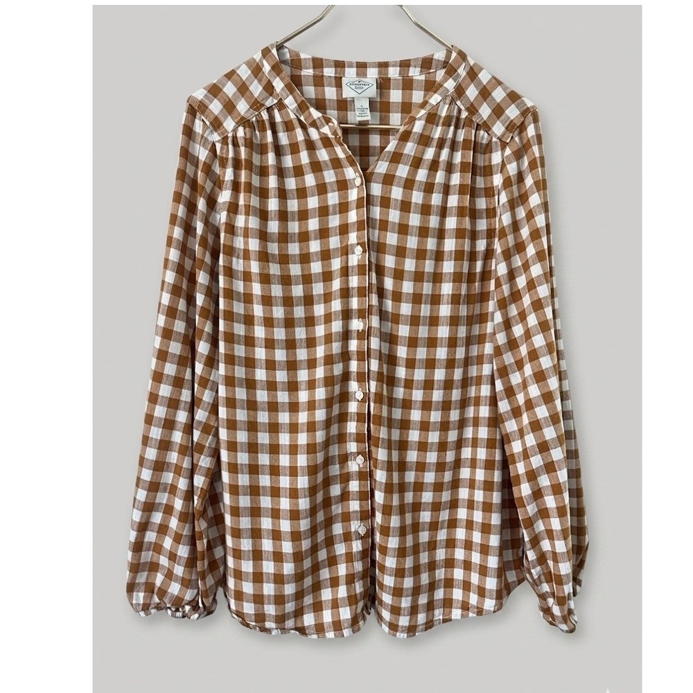 St. John's Bay Brown and White Gingham Button-Front Blouse